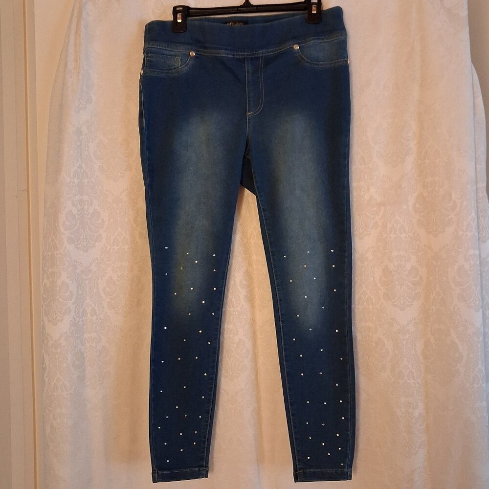 Soft, Brushed Denim Skinny Leg Jeans with Rhinestone detail on front legs